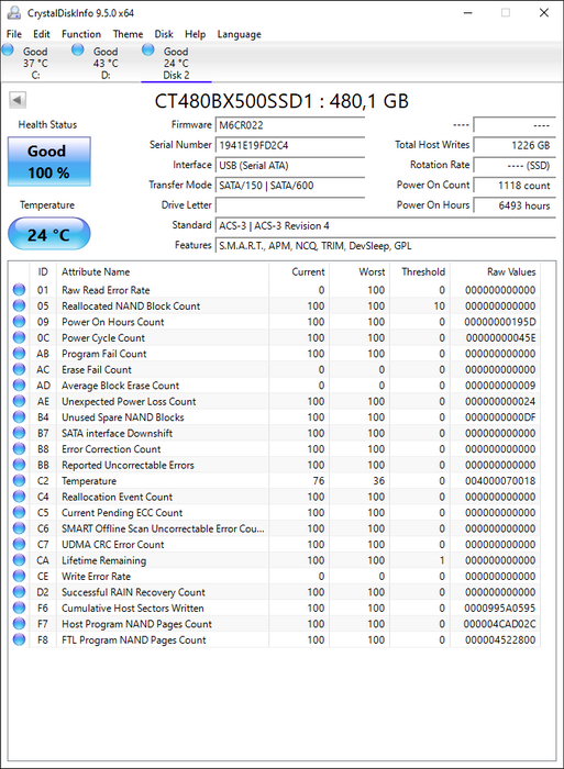 CT480BX500SSD1 Crucial BX500 Series 480GB TLC SATA 6Gbps 2.5" SSD