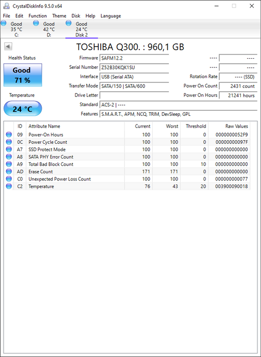 HDTS896 Toshiba Q300 960GB TLC SATA 6Gbps 2.5" SSD