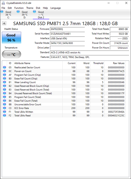 MZ7LN128HCHP-000D1 Samsung PM871 Series 128GB TLC SATA 6Gbps Mainstream Endurance (AES-256) 2.5" SSD
