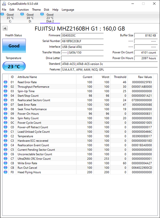 MHZ2160BH Fujitsu Mobile 160GB 5400RPM SATA 3Gbps 8MB Cache 2.5" HDD