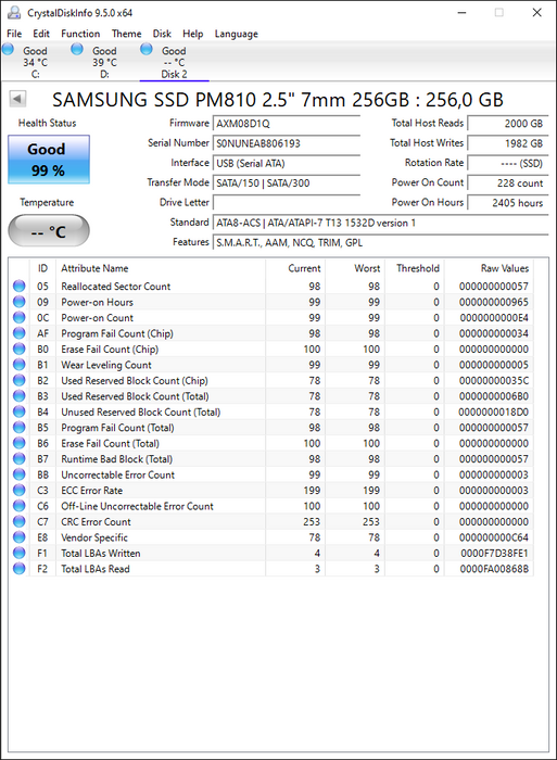 MZ7PA256HMDR-010D1 Samsung PM810 Series 256GB MLC SATA 3Gbps 2.5" SSD