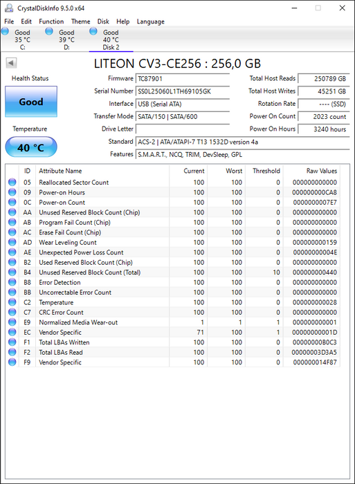 CV3-CE256 Lite On CV3 Series 256GB MLC SATA 6Gbps High performance 2.5" SSD