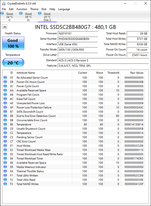 SSDSC2BB480G7 Intel DC S3520 Series 480GB MLC SATA 6Gbps (AES-256 / PLP) 2.5" SSD