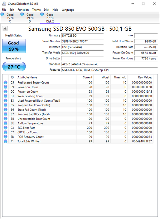 MZ7LN500 Samsung 850 EVO Series 500GB TLC SATA 6Gbps (AES-256 / TCG Opal 2.0) 2.5" SSD