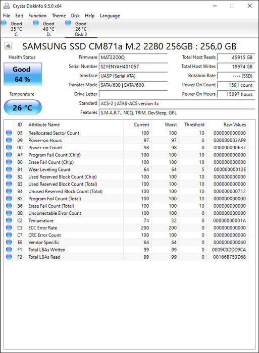 MZNTY256HDHP-000D1 Samsung CM871a Series 256GB TLC SATA 6Gbps M.2 2280
