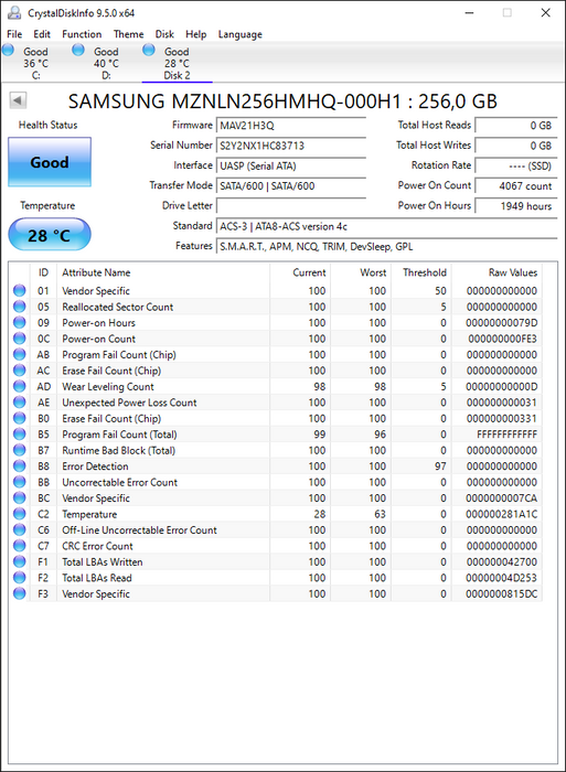 MZNLN256HMHQ-000H1 Samsung PM871a Series 256GB TLC SATA 6Gbps M.2 2280