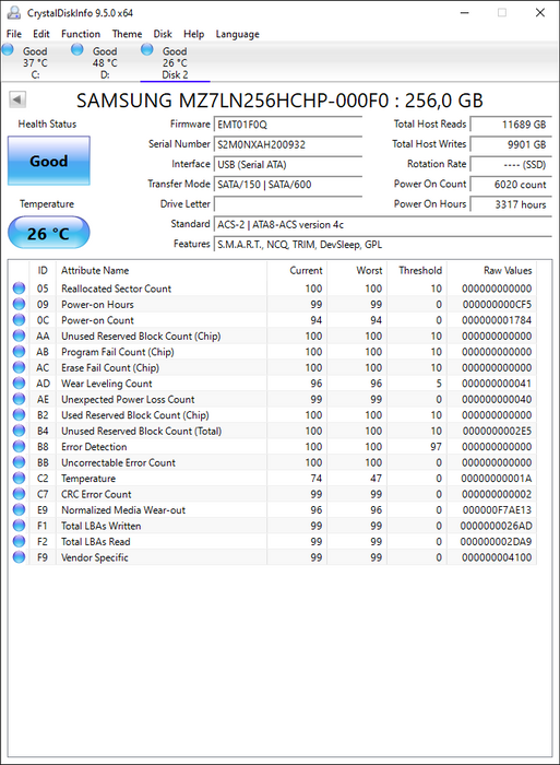 MZ7LN256HCHP-000F0 Samsung PM871 Series 256GB TLC SATA 6Gbps Mainstream Endurance (AES-256) 2.5" SSD