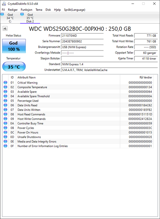 WDS250G2B0C-00PXH0 Western Digital Blue SN550 250GB TLC PCI Express 3.0 x4 NVMe M.2 2280
