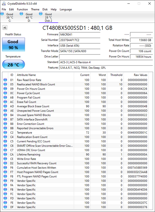CT480BX500SSD1 Crucial BX500 Series 480GB TLC SATA 6Gbps 2.5" SSD