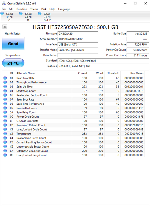 HTS725050A7E630 HGST Hitachi Travelstar Z7K500 500GB 7200RPM SATA 6Gbps 32MB Cache (512e) 2.5" HDD