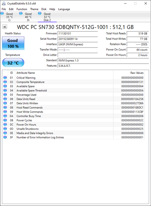 SDBQNTY-512G-1001 Western Digital SN730 Series 512GB TLC PCIe 3.0 x4 NVMe (AES-512 / TCG Opal 2.01) M.2 2280 SSD