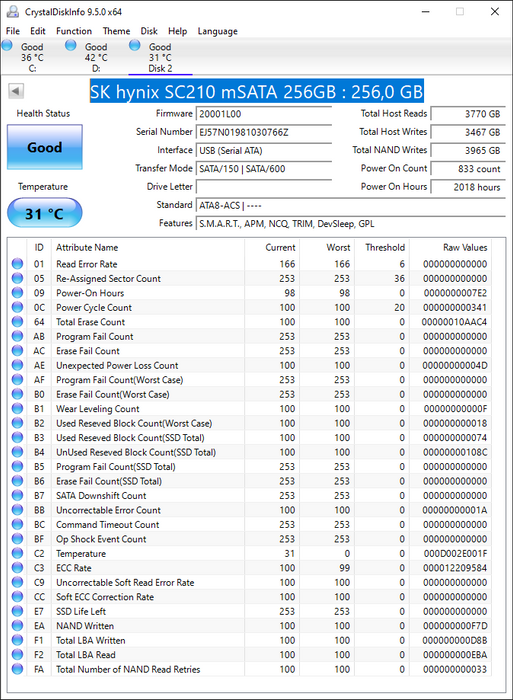 HFS256G3AMND-2200A Hynix 256GB MLC SATA 6Gbps mSATA