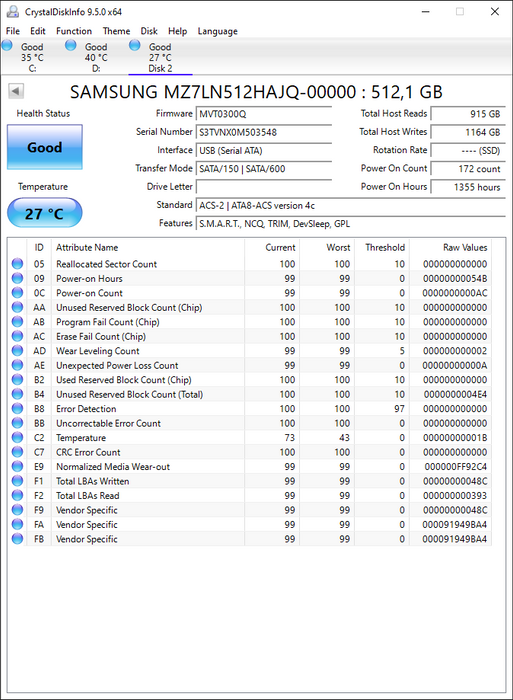 MZ7LN512HAJQ-00000 Samsung PM871b Series 512GB TLC SATA 6Gbps 2.5" SSD