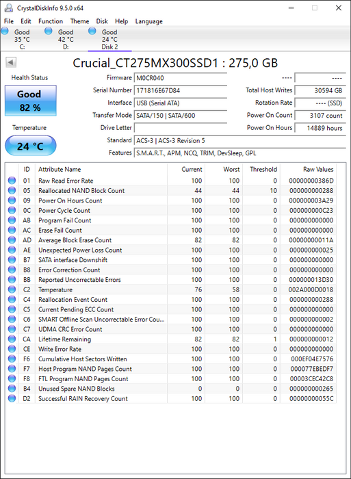 CT275MX300SSD1 Crucial MX300 Series 275GB TLC SATA 6Gbps (AES-256) 2.5" SSD