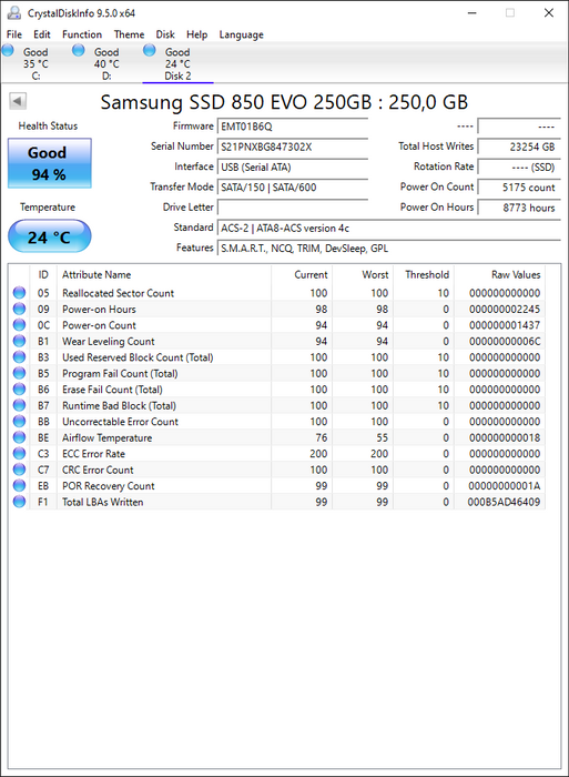 MZ7LN250 Samsung 850 EVO Series 250GB TLC SATA 6Gbps (AES-256 / TCG Opal 2.0) 2.5" SSD