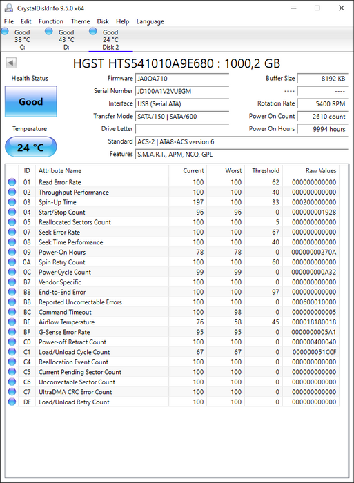 HTS541010A9E680 HGST Hitachi Travelstar 5K1000 1TB 5400RPM SATA 6Gbps 8MB Cache (512e) 2.5" HDD