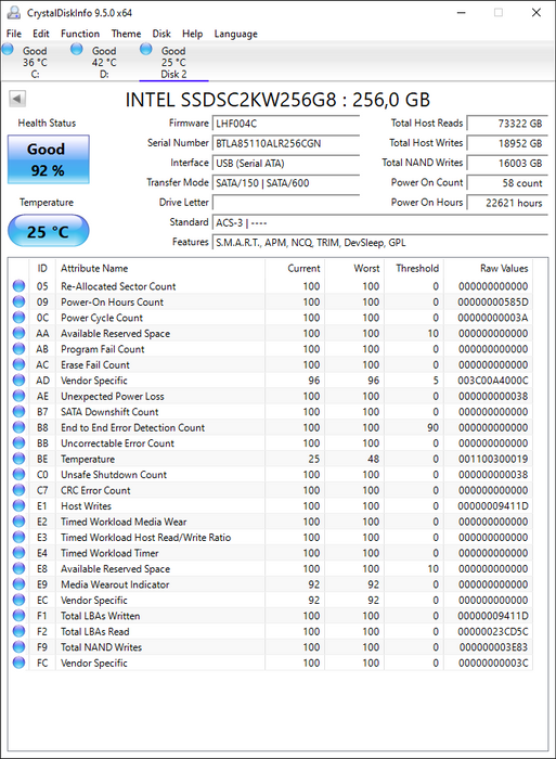 SSDSC2KW256G8 Intel 545s Series 256GB TLC SATA 6Gbps (AES-256) 2.5" SSD