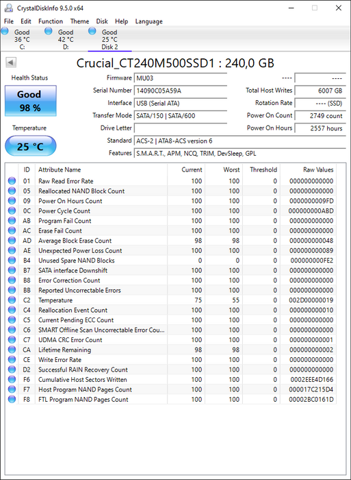CT240M500SSD1 Crucial M500 Series 240GB MLC SATA 6Gbps 2.5" SSD