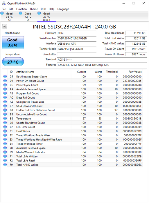 SSDSC2BF240A4H Intel Pro 1500 Series 240GB MLC SATA 6Gbps (AES-256) 2.5" SSD