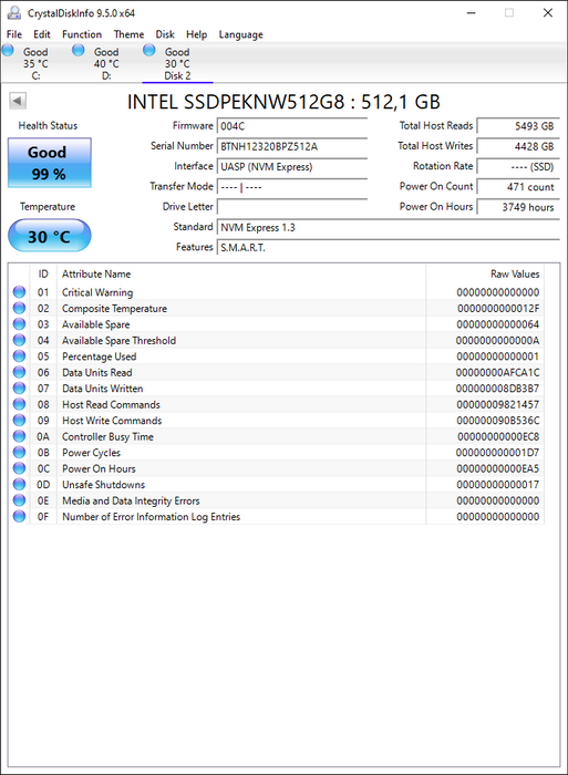 SSDPEKNW512G8 Intel 660p Series 512GB QLC PCIe 3.0 x4 NVMe (AES 256-Bits) M.2 2280 SSD