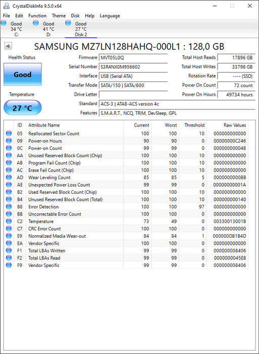 MZ7LN128HAHQ-000L1 Samsung PM871b Series 128GB TLC SATA 6Gbps (AES-256) 2.5" SSD