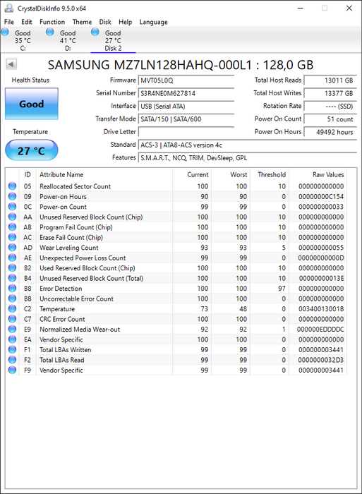 MZ7LN128HAHQ-000L1 Samsung PM871b Series 128GB TLC SATA 6Gbps (AES-256) 2.5" SSD