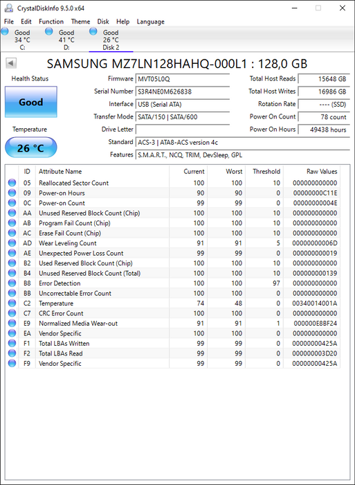 MZ7LN128HAHQ-000L1 Samsung PM871b Series 128GB TLC SATA 6Gbps (AES-256) 2.5" SSD