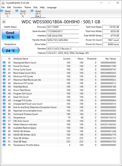 WDS500G1B0A-00H9H0 Western Digital Blue 500GB SATA 6Gbps 2.5" SSD