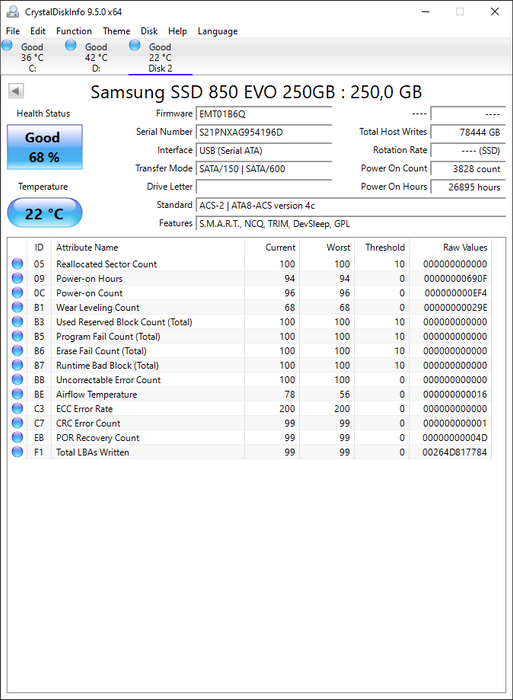 MZ7LN250 Samsung 850 EVO Series 250GB TLC SATA 6Gbps (AES-256 / TCG Opal 2.0) 2.5" SSD