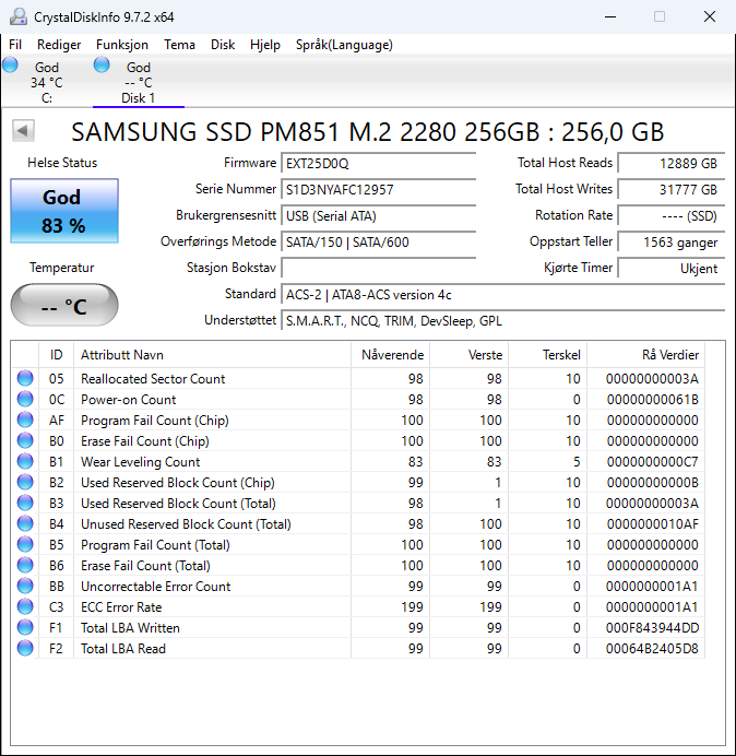 MZNTE256HMHP-000D1 Samsung PM851 Series 256GB TLC SATA 6Gbps (AES-256) M.2 2280 SSD