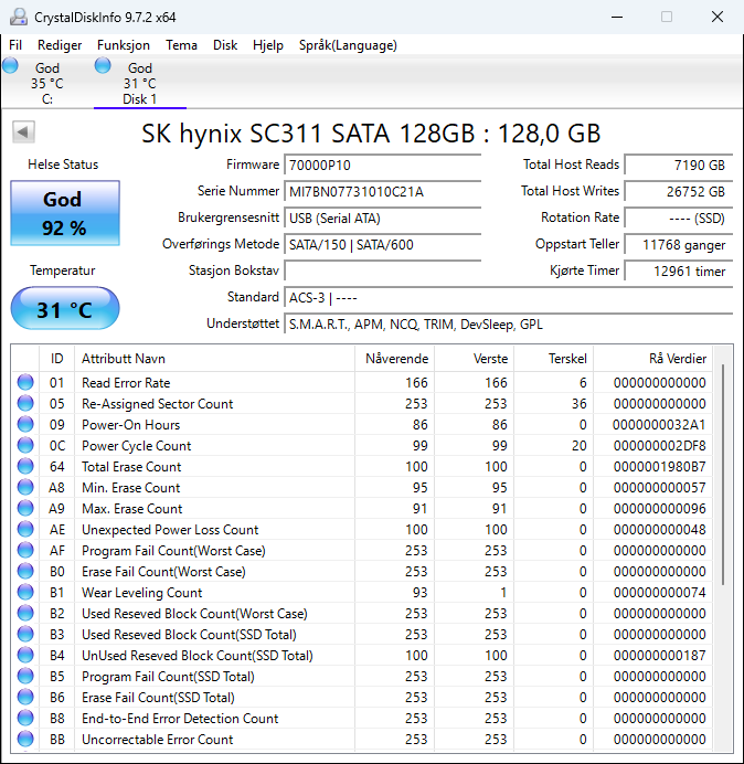 HFS128G39TNF-N2A0A SK Hynix SC311 128GB TLC SATA 6Gbps M.2 2280