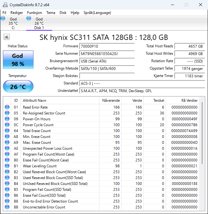 HFS128G39TNF-N2A0A SK Hynix SC311 128GB TLC SATA 6Gbps M.2 2280