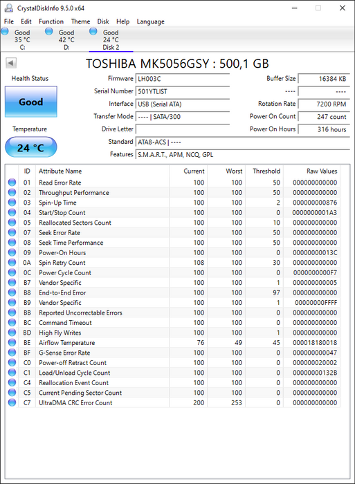MK5056GSY Toshiba 500GB 7200RPM SATA 3Gbps 16MB Cache 2.5" HDD