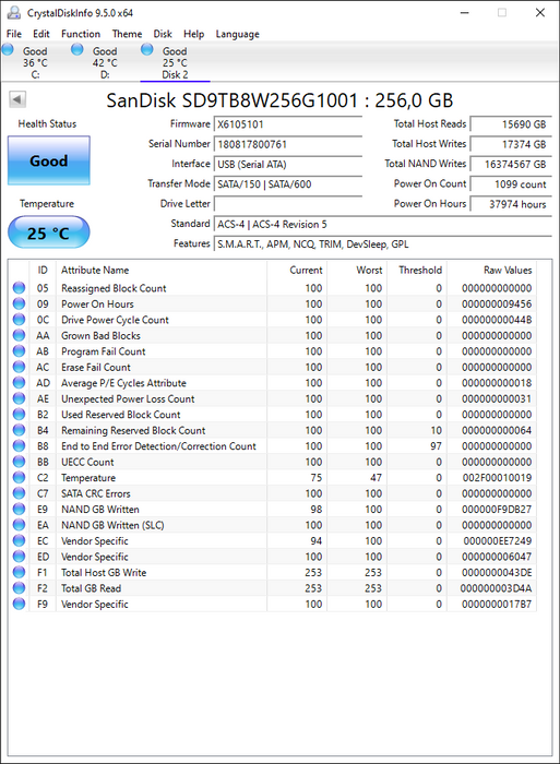 SD9TB8W-256G-1001 SanDisk X600 256GB TLC SATA 6Gbps (AES-256 / SED TCG Opal 2.0) 2.5" SSD