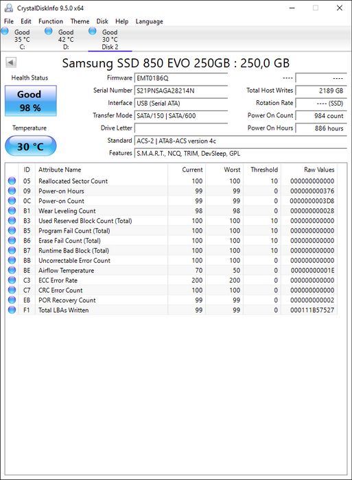MZ7LN250 Samsung 850 EVO Series 250GB TLC SATA 6Gbps (AES-256 / TCG Opal 2.0) 2.5" SSD