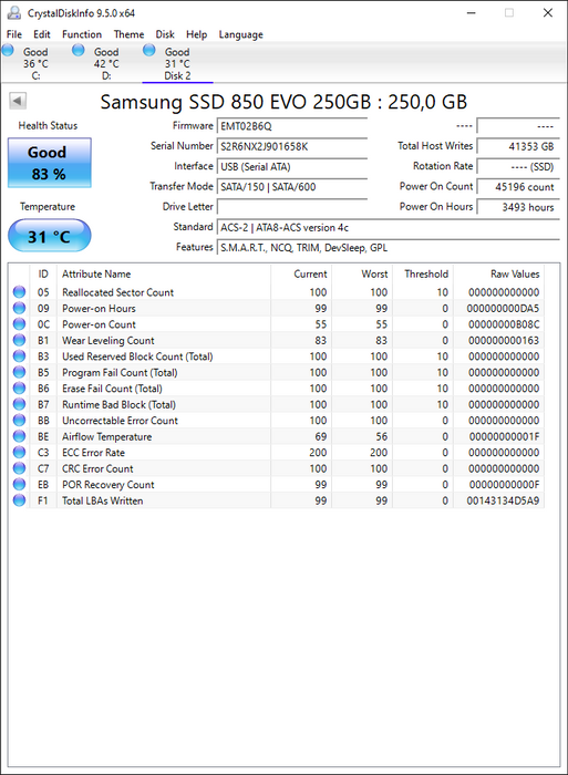 MZ7LN250HMJP Samsung 850 EVO Series 250GB TLC SATA 6Gbps (AES-256 / TCG Opal 2.0) 2.5" SSD