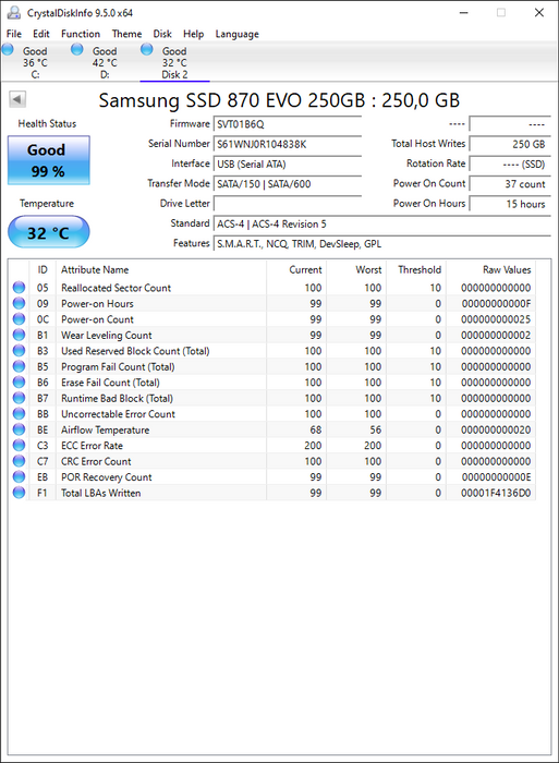 MZ7L3250HCJQ Samsung SSD 870 EVO Series 250GB TLC SATA 6Gbps (AES-256 / TCG Opal 2.0) 2.5" SSD