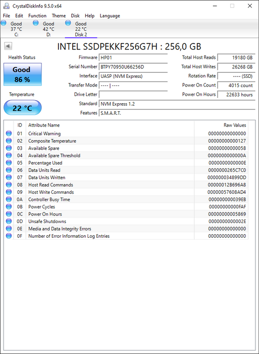SSDPEKKF256G7H Intel Pro 6000p 256GB TLC PCIe 3.0 x4 NVMe M.2 2280 SSD