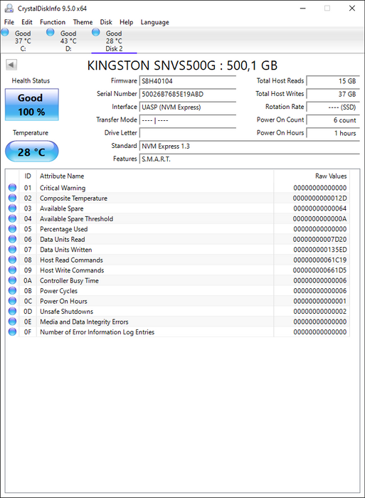 SNVS/500G Kingston NV1 500GB TLC PCIe 3.0 x4 NVMe M.2 2280 SSD