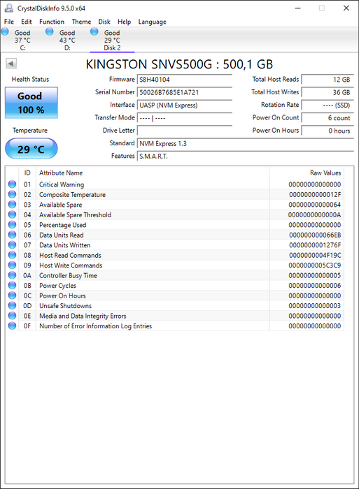 SNVS/500G Kingston NV1 500GB TLC PCIe 3.0 x4 NVMe M.2 2280 SSD