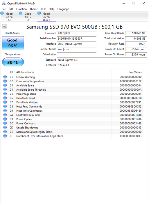 MZVLB500HAJQ Samsung 970 EVO 500GB TLC PCIe 3.0 x4 NVMe (AES-256 / TCG Opal 2.0) M.2 2280 SSD