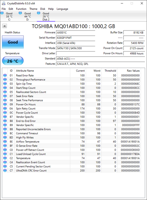 MQ01ABD100 Toshiba Mobile 1TB 5400RPM SATA 3Gbps 8MB Cache (512e) 2.5" HDD