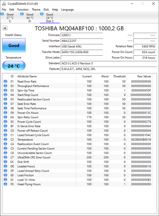 MQ04ABF100 Toshiba Mobile Thin 1TB 5400RPM SATA 6Gbps 128MB Cache (512e) 2.5" HDD