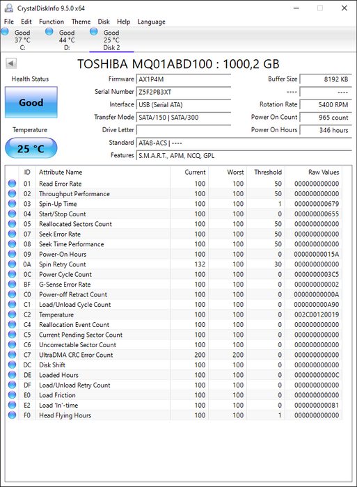MQ01ABD100 Toshiba Mobile 1TB 5400RPM SATA 3Gbps 8MB Cache (512e) 2.5" HDD
