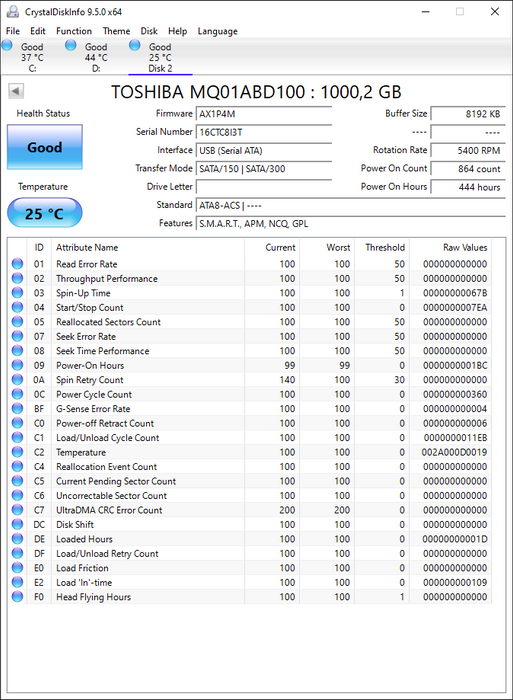 MQ01ABD100 Toshiba Mobile 1TB 5400RPM SATA 3Gbps 8MB Cache (512e) 2.5" HDD