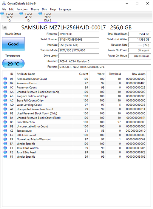 MZ7LH256HAJD-000L7 Samsung PM881 256GB SATA 6Gbps 2.5" SSD