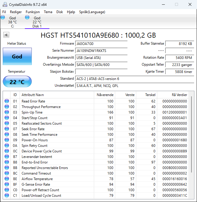 HTS541010A9E680 HGST Hitachi Travelstar 5K1000 1TB 5400RPM SATA 6Gbps 8MB Cache (512e) 2.5" HDD