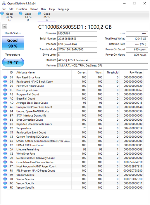 CT1000BX500SSD1 Crucial BX500 Series 1TB TLC SATA 6Gbps 2.5" SSD