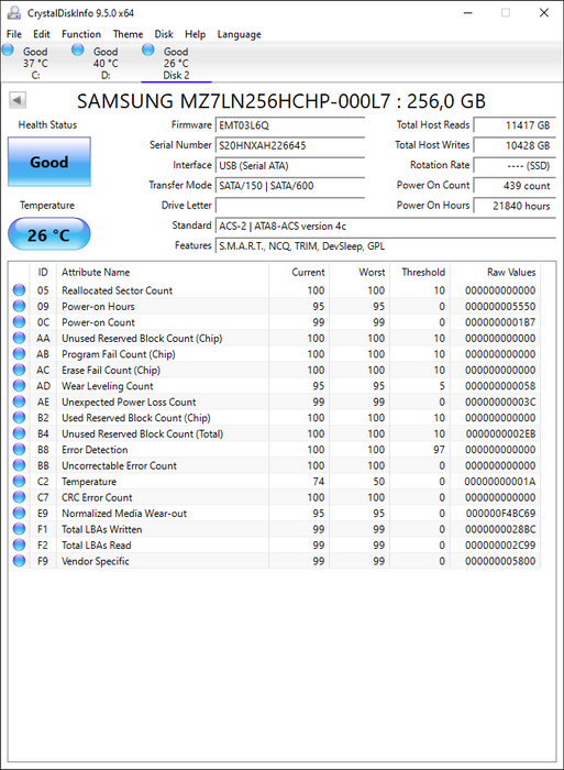 MZ7LN256HCHP-000L7 Samsung PM871 Series 256GB TLC SATA 6Gbps Mainstream Endurance (AES-256) 2.5" SSD