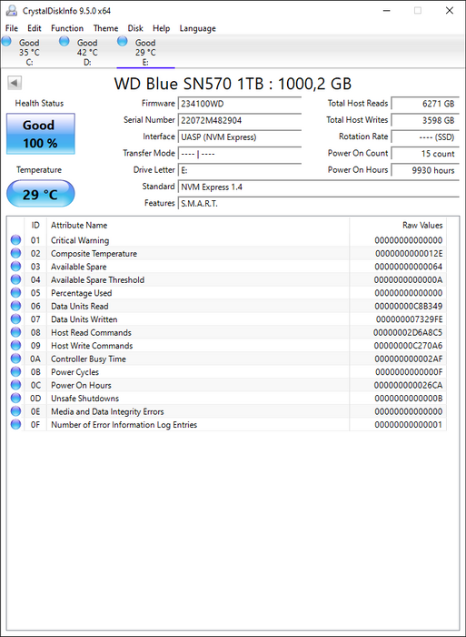 WDS100T3B0C-00BNN0 Western Digital Blue SN570 Series 1TB TLC PCIe 3.0 x4 NVMe M.2 2280 SSD